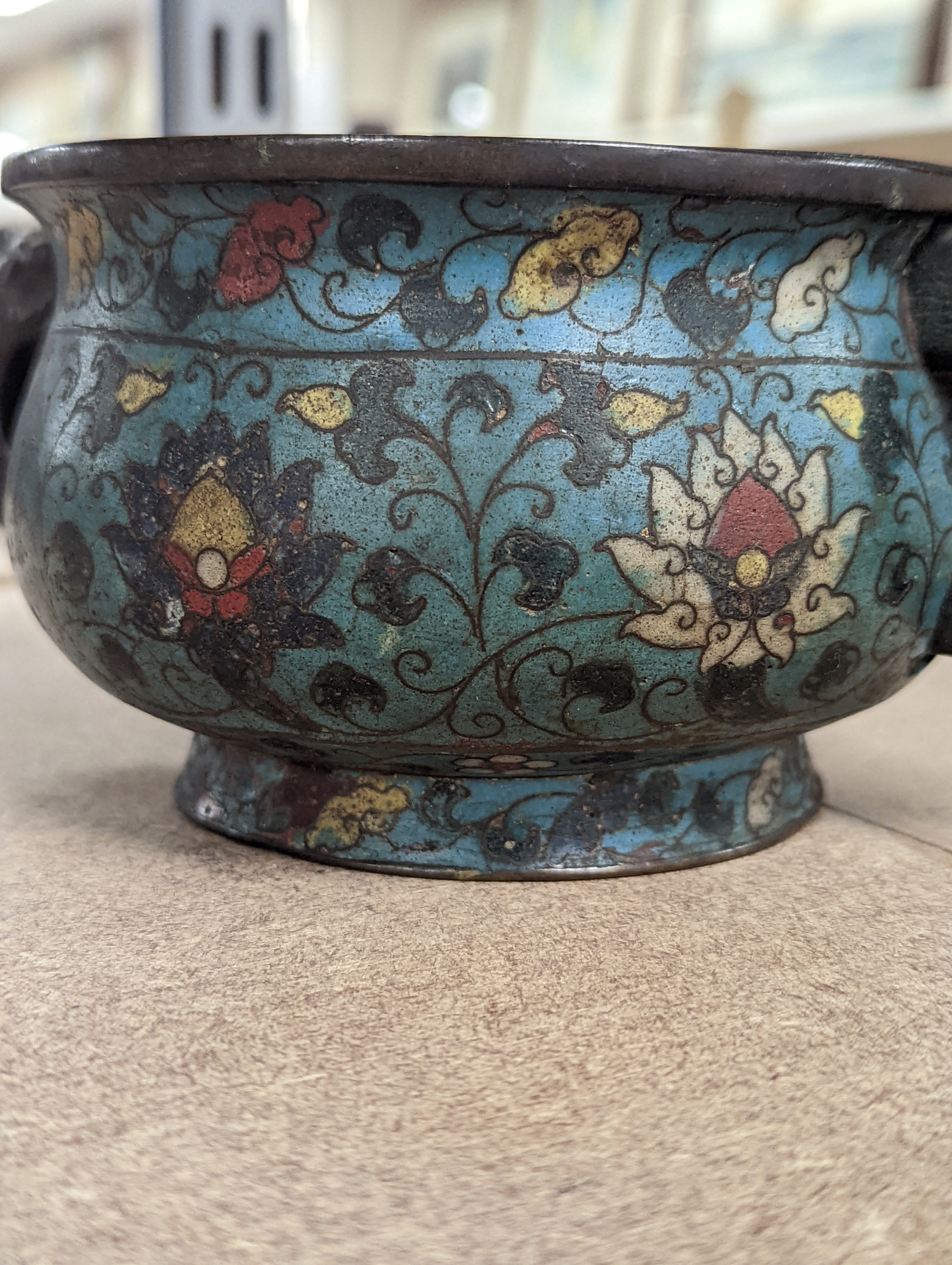 A Chinese late Ming dynasty bronze and cloisonné enamel ding censer 18cm
